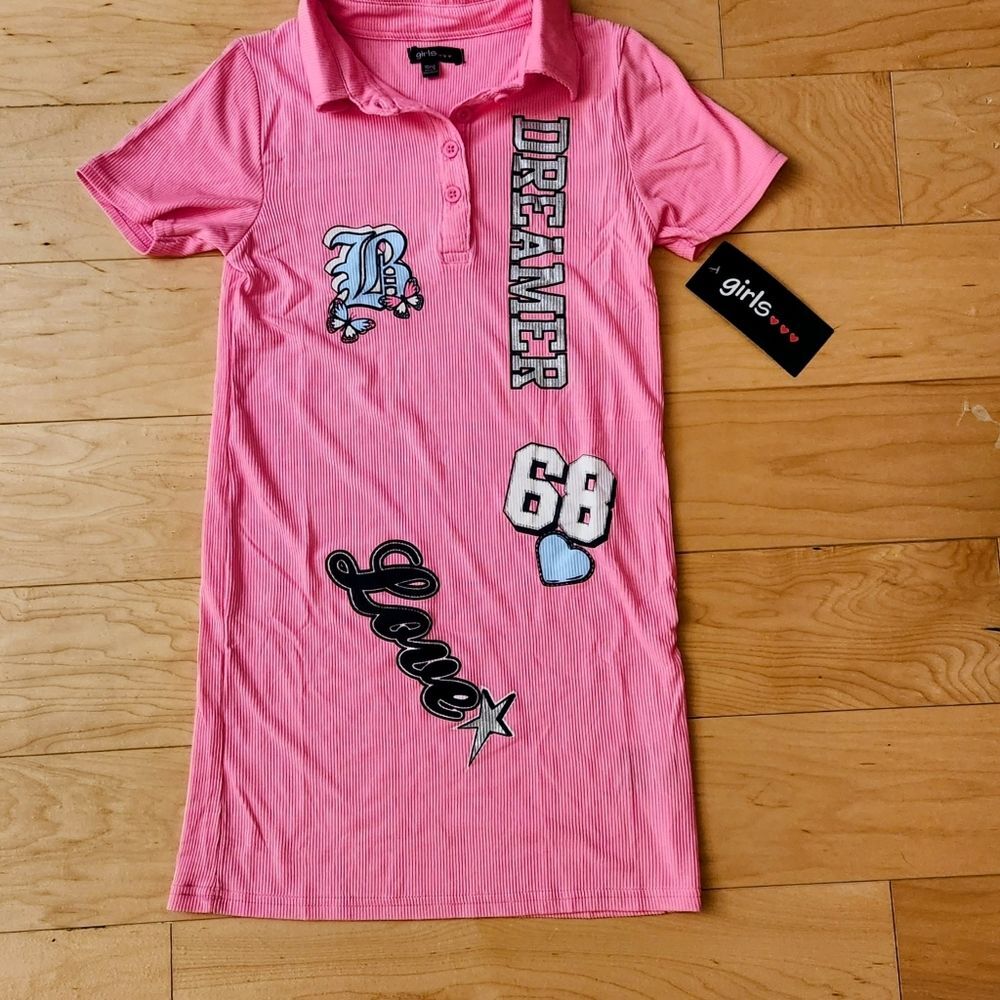 Fashion Girl's Pink Polo COTTON Dress sz 10 Graphic Patches Love Dreamer Ribbed